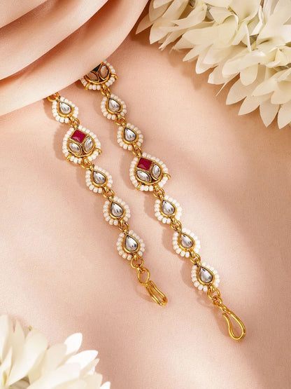 Dhiyona RJ Women's 18K Gold-Plated Red, Green & White Kundan & Pearl Beaded Matha Patti Head Jewellery