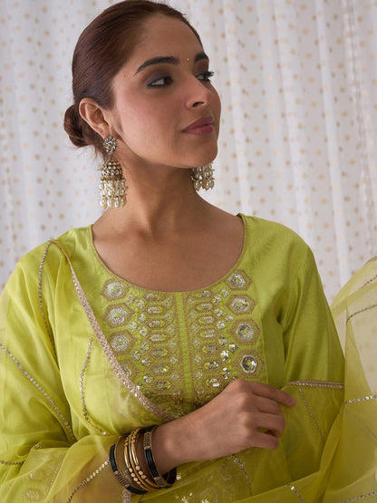 Dhiyona IE Geometric Embroidered Round Neck Liva Straight Kurta with Trousers & Dupatta