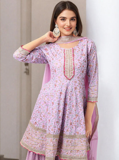 Dhiyona IS Women's Floral Printed Gotta Patti Pure Cotton Anarkali Kurta With Sharara And Dupatta