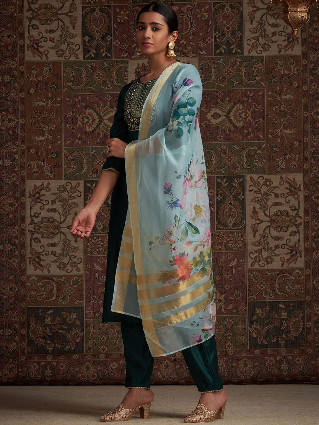 Yoke Design Sequinned Kurta & Trousers With Dupatta