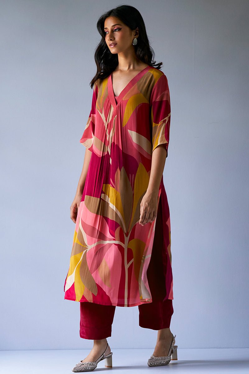 Women's Maroon Crepe Silk Printed Co-ord Set
