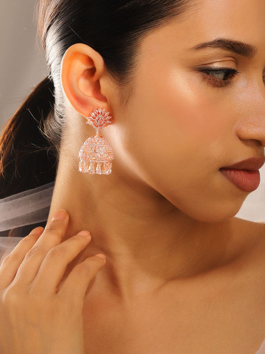 Dhiyona RJ Women's 18K Rose Gold Plated Cubic Zirconia Studded Dome Shaped Statement Jhumka