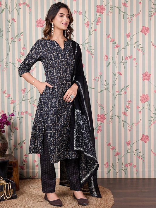 Dhiyona OD  Abstract Printed Regular Pure Cotton Kurta with Trousers & Dupatta