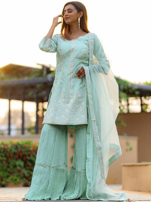 Dhiyona LL Embroidered Regular Pure Silk Kurti with Sharara & Dupatta