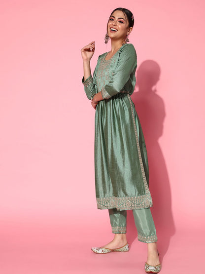 Dhiyona SN Women's Floral Embroidered Regular Sequinned Kurta With Trousers & With Dupatta
