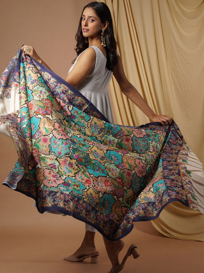 Dhiyona PA Women Teal Blue & Pink Kalamkari Pure Wool Shawl