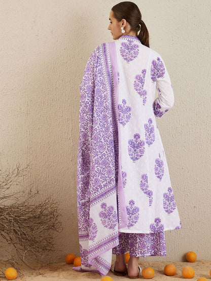 V-Neck Floral Printed Panelled Pure Cotton Kurta Set