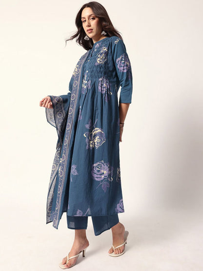 Dhiyona IS Women's Women Floral Printed Cotton Kurta with Trousers & Dupatta
