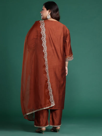 Plus Size Floral Embroidered Sequinned Liva Kurta with Trousers & With Dupatta