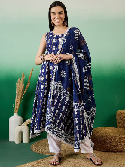 Dhiyona SN Women's Blue Ethnic Motifs Round Neck Gotta Patti Anarkali Kurta With Trousers & Dupatta