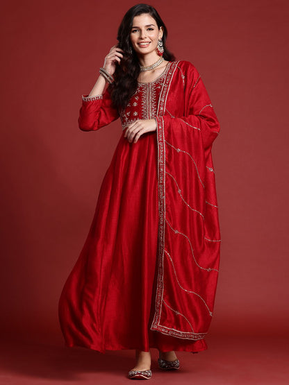 Ethnic Motifs Embroidered Empire Kurta with Trousers & Dupatta