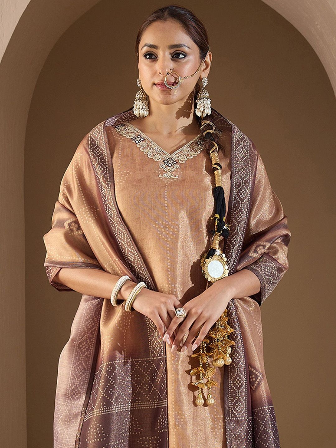 Women Bandhani Printed Regular Sequinned Kurta with Trousers & With Dupatta