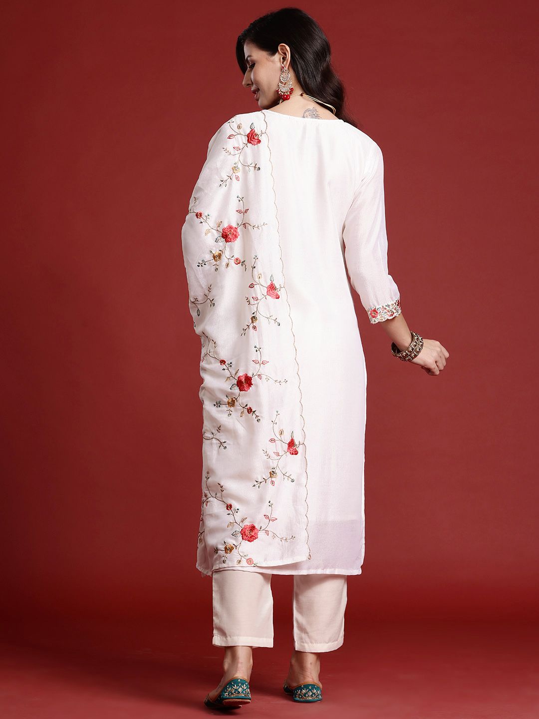 Floral Embroidered Sequinned Kurta With Trousers & Dupatta