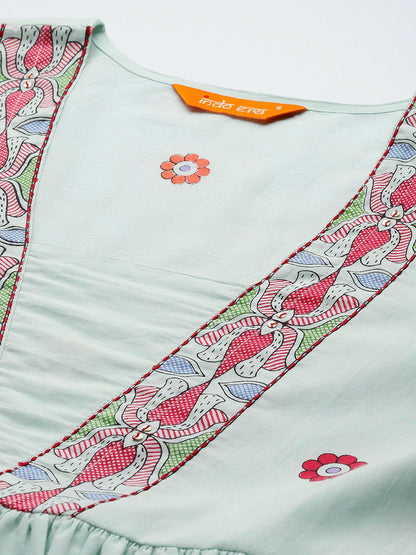 Ethnic Motifs Printed Pleated Pure Cotton Kurta with Trousers & Dupatta