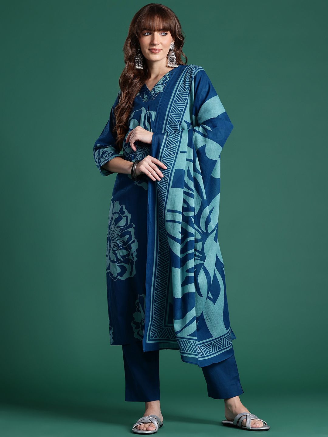 Dhiyona IE Floral Printed Pure Cotton Kurta With Trousers & Dupatta