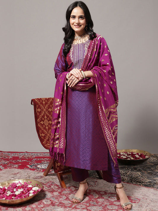 Dhiyona VA Women's Zari Embroidered Yoke Geometric Jacquard Kurta with Trouser & Dupatta