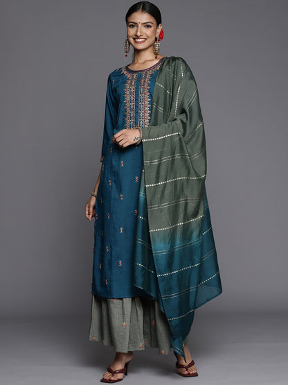 Dhiyona VA Women's Blue Ethnic Motifs Yoke Design Thread Work Kurta with Sharara & With Dupatta