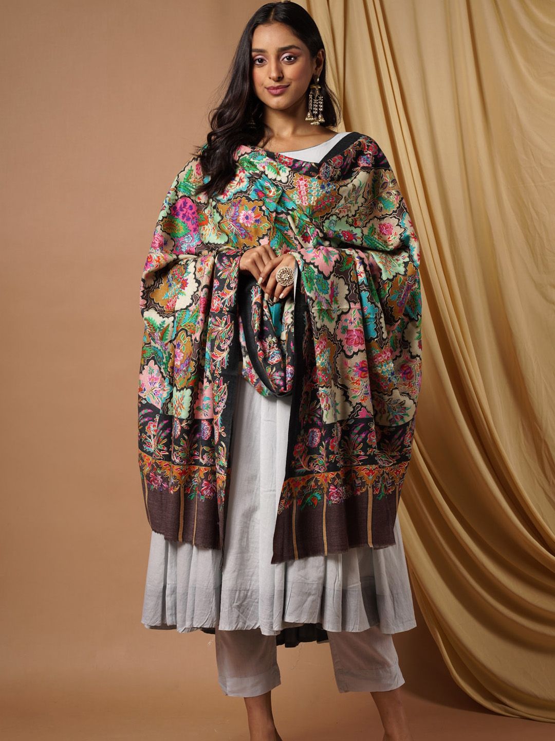 Dhiyona PA Women Multicolor Embroidered Pure Wool Shawl