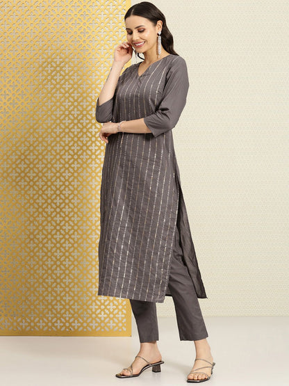 Dhiyona PD Women Women Striped Sequinned Pure Cotton Kurta with Trousers Set