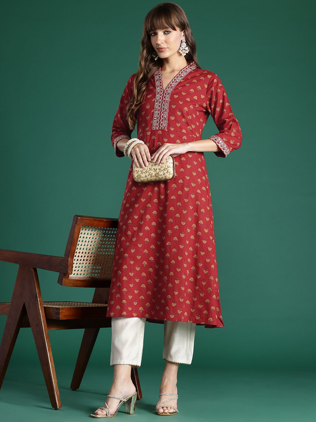 Dhiyona IE Ethnic Motifs Embroidered Mirror Work Pure Cotton Kurta