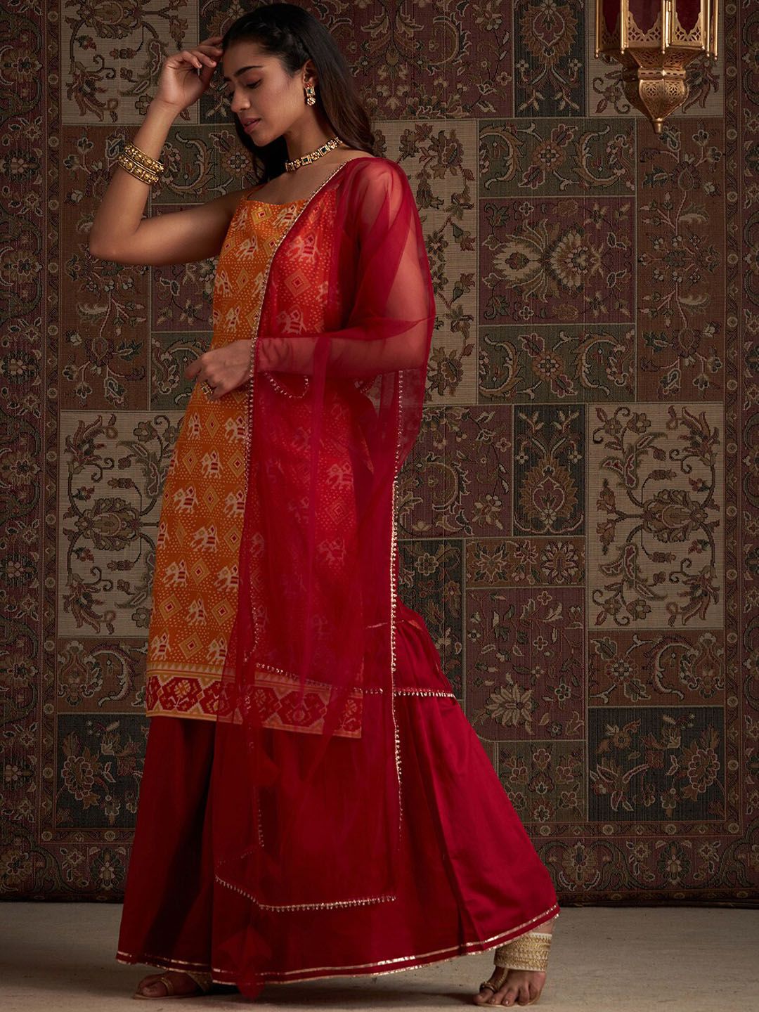 Dhiyona IE Orange Geometric Printed Shoulder Strap Kurta with Sharara & Dupatta
