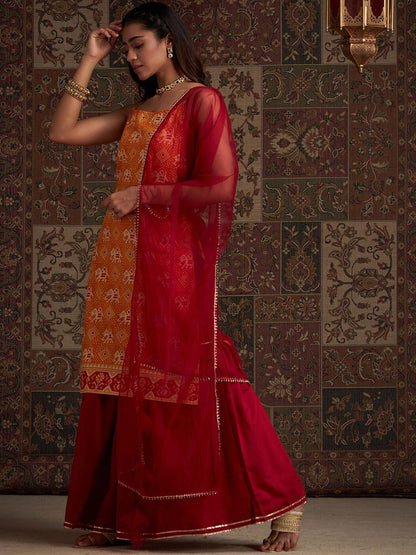 Dhiyona IE Orange Geometric Printed Shoulder Strap Kurta with Sharara & Dupatta