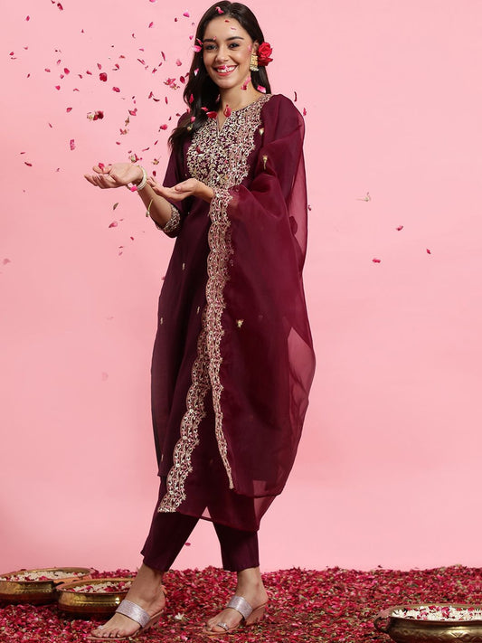 Floral Embroidered Yoke Design Kurta with Trousers & With Dupatta