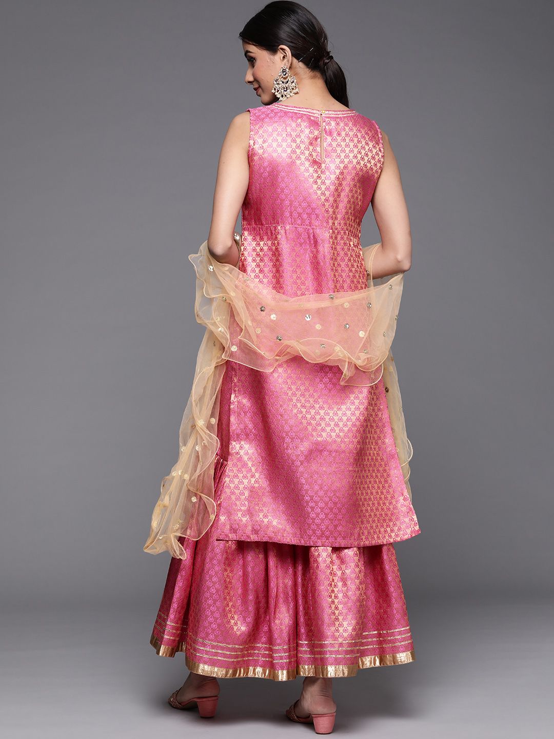 Dhiyona VA Women's Peach-Coloured & Beige Floral Sequinned Kurta with Sharara & With Dupatta