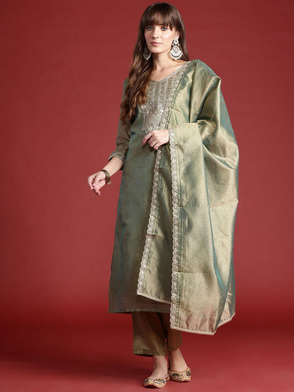 Dhiyona IE Ethnic Motifs Embroidered Sequinned Liva Kurta With Trousers & Dupatta