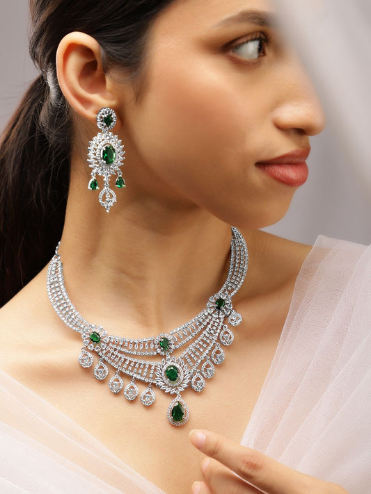 Dhiyona RJ Women's Rhodium-Plated Emerald Green & White Cubic Zirconia Layered Choker Jewellery Set