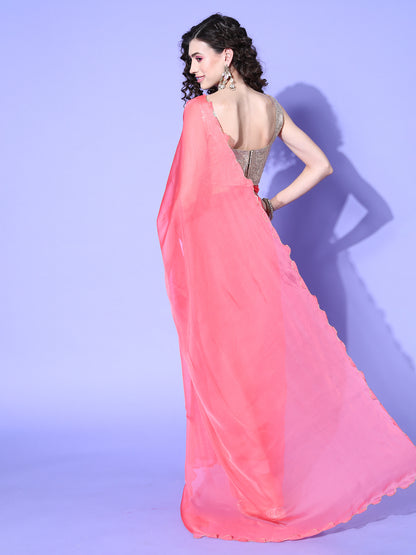 Women's Organza Pink Solid Designer Saree With Blouse Piece