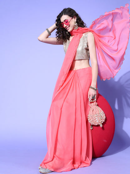 Women's Organza Pink Solid Designer Saree With Blouse Piece