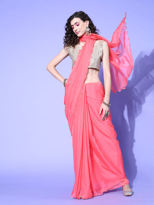 Women's Organza Pink Solid Designer Saree With Blouse Piece