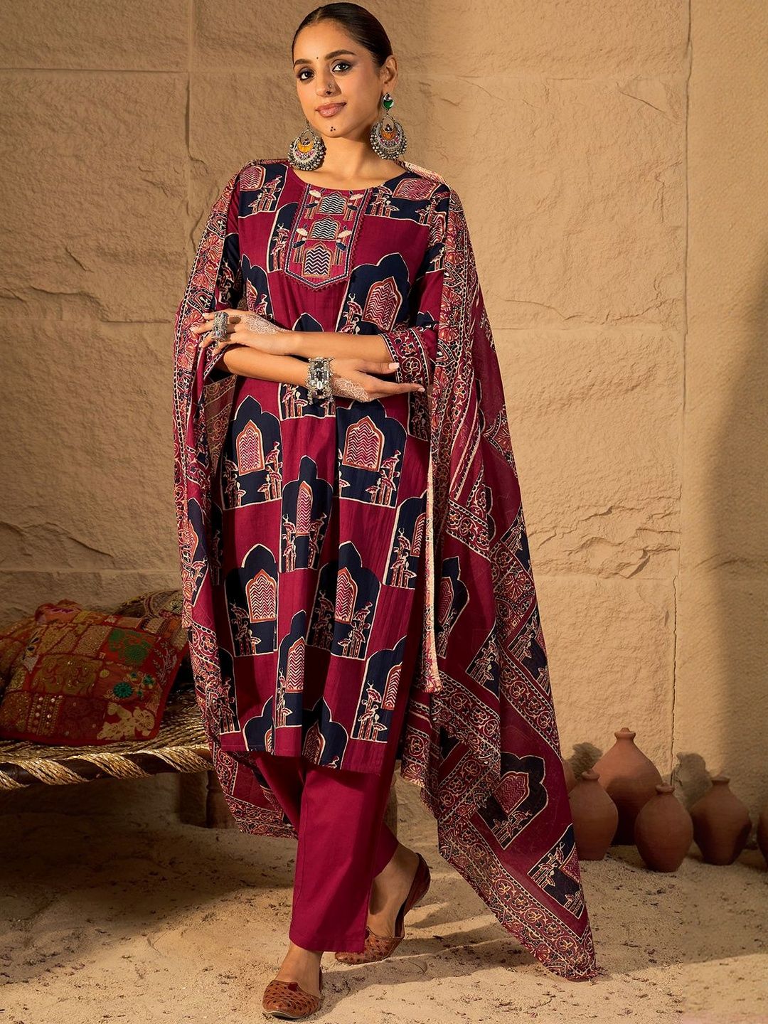 Dhiyona IE Women Ethnic Motifs Printed Pure Cotton Kurta Trousers & With Dupatta Kurta Sets