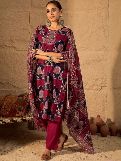 Women Ethnic Motifs Printed Pure Cotton Kurta Trousers & With Dupatta Kurta Sets