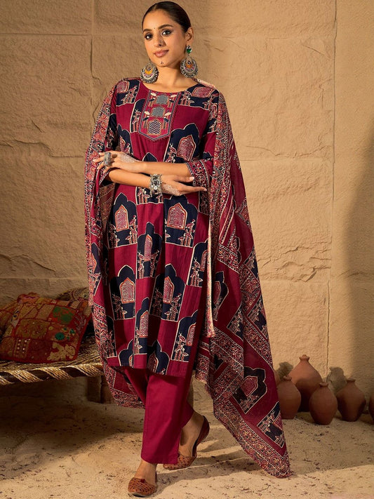 Women Ethnic Motifs Printed Pure Cotton Kurta Trousers & With Dupatta Kurta Sets