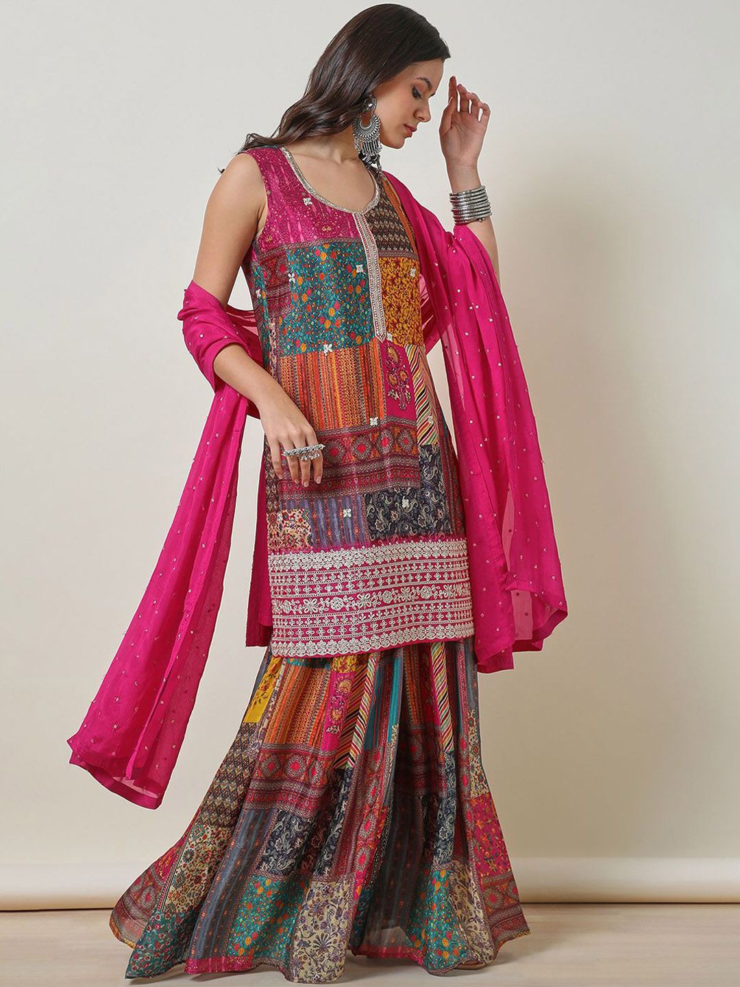 Dhiyona SO Women's Ethnic Motifs Printed Zardozi Straight Kurta & Sharara With Dupatta