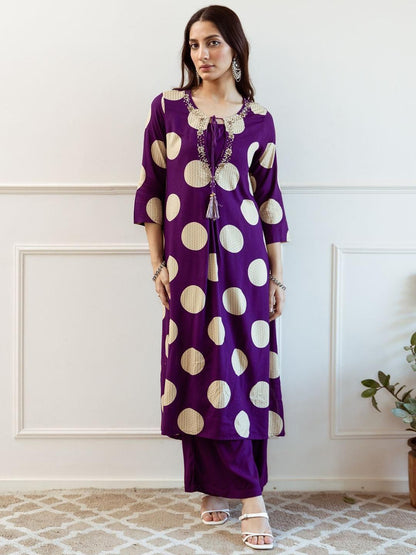 Women Printed Regular Beads and Stones A-Line Kurta with Palazzos