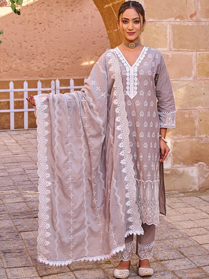 Women Ethnic Motifs Embroidered Regular Thread Work Pure Cotton Kurta with Trousers & With Dupatta