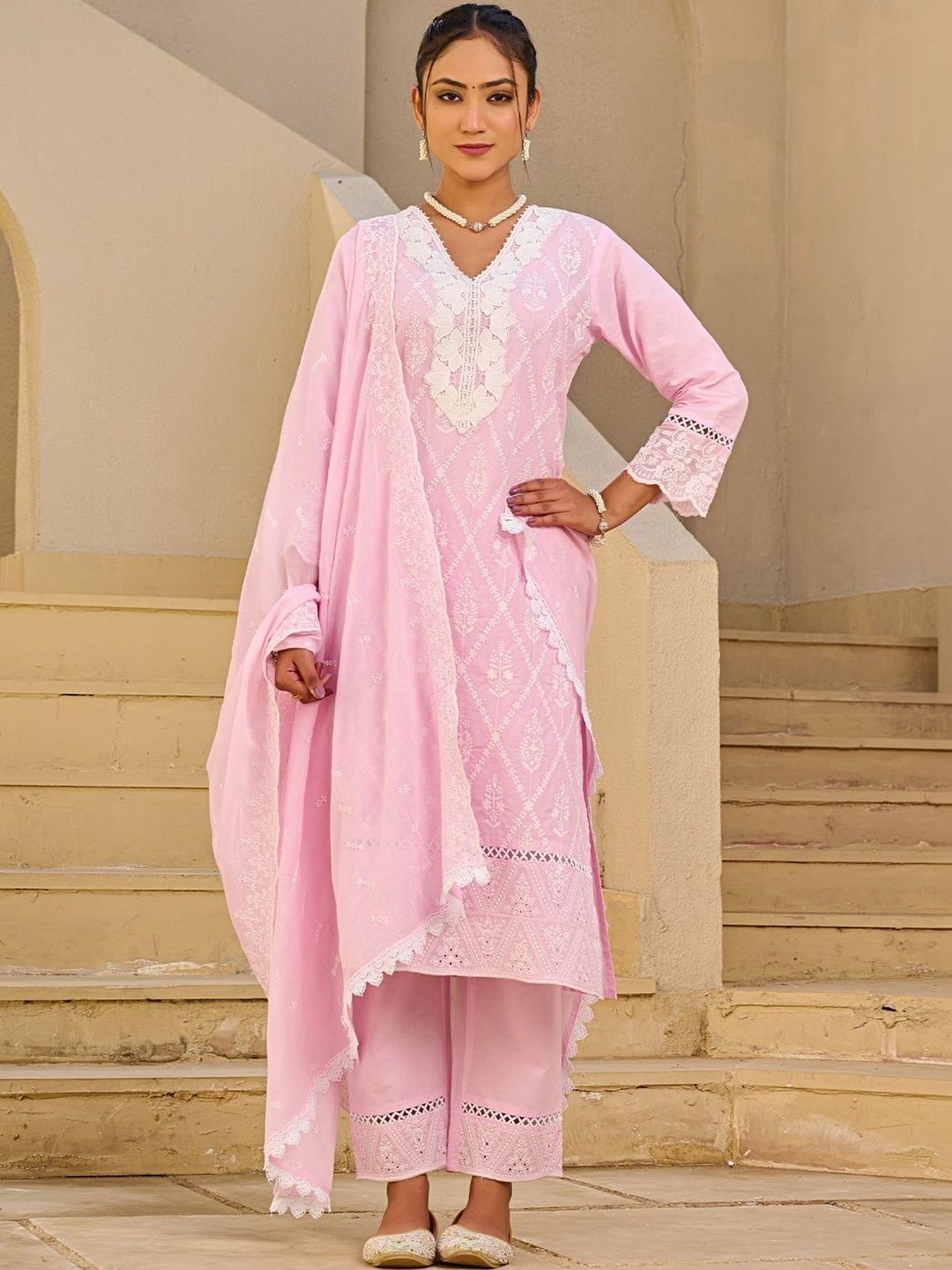 Dhiyona IE Women Ethnic Motifs Embroidered Regular Thread Work Pure Cotton Kurta with Trousers & With Dupatta
