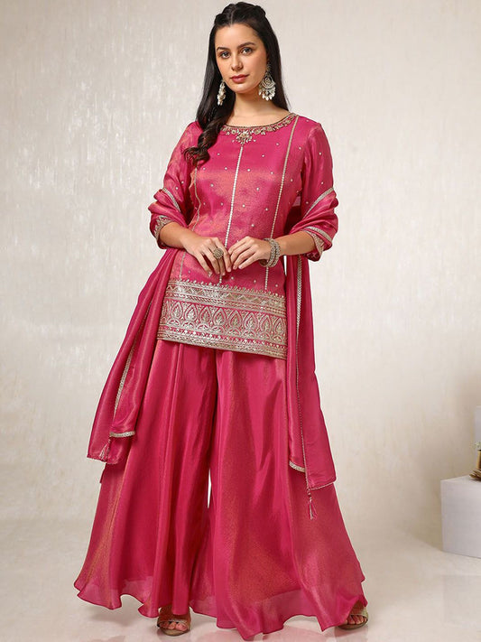 Dhiyona SO Women's Women Ethnic Motifs Embroidered Regular Beads Work Kurti With Palazzo With Dupatta