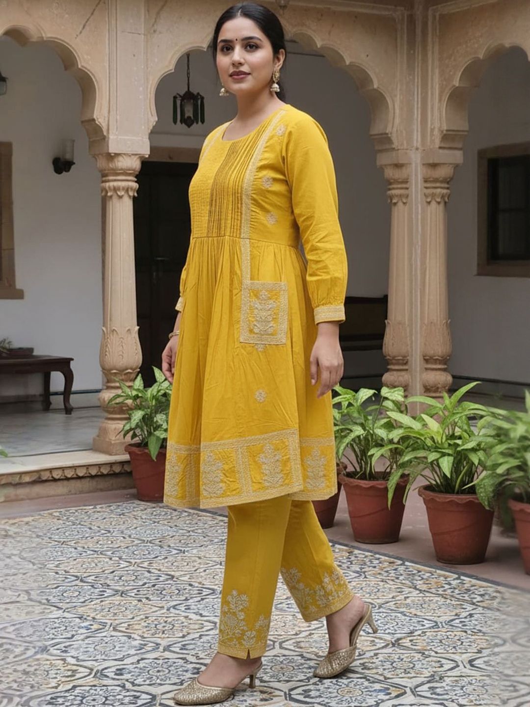 Women Ethnic Motifs Embroidered Panelled Thread Work Cotton Kurta with Trousers