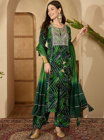 Dhiyona SN Women's Bandhani Printed Round Neck Sequinned A-Line Kurta And Trousers With Dupatta