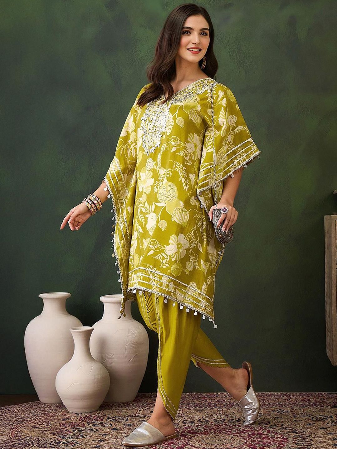 Dhiyona IS Women's Women Floral Printed Kaftan Kurta with Churidar