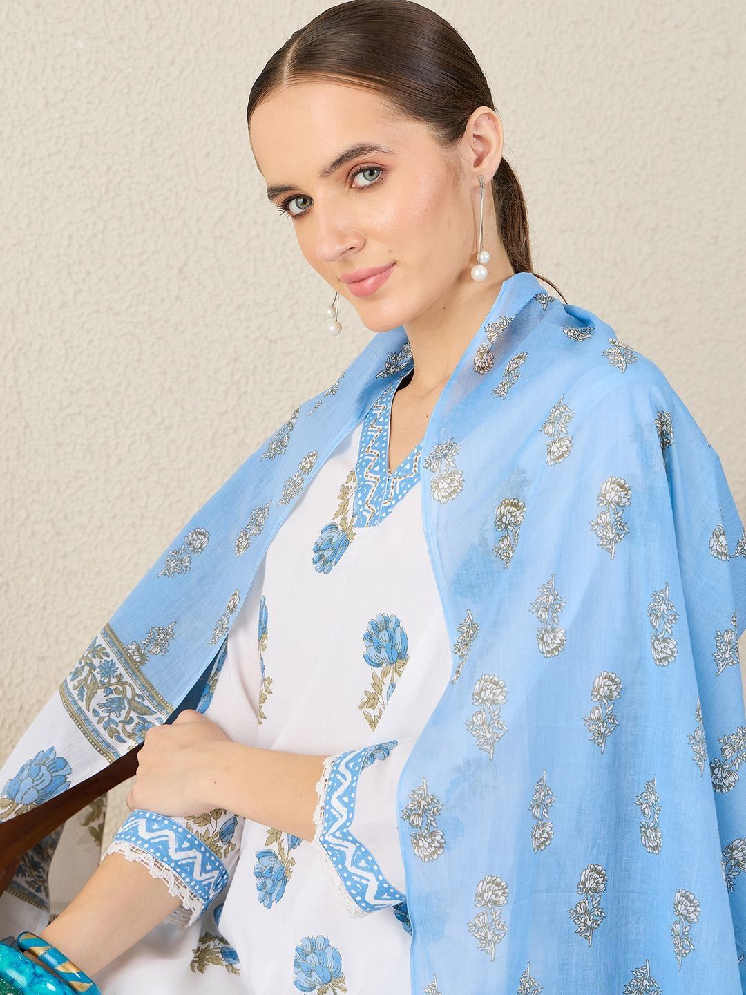 Floral Printed V-Neck Sequinned Pure Cotton Straight Kurta & Trouser With Dupatta