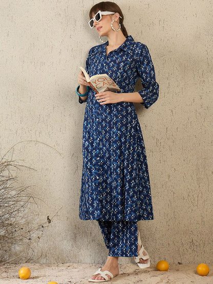 Geometric Printed Shirt Collar A-Line Pure Cotton Kurta With Palazzos