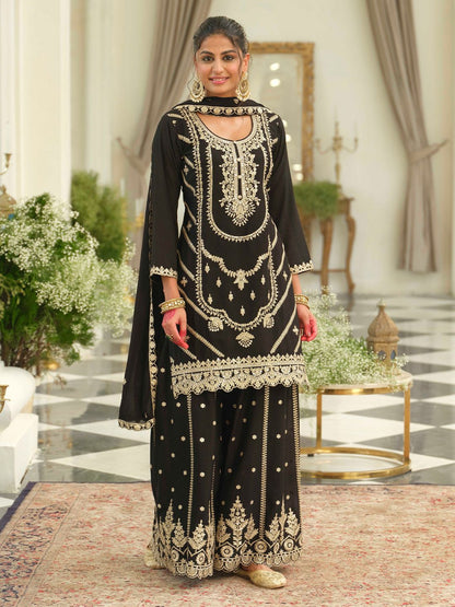 Ethnic Motifs Embroidered Chinon Straight Sequinned Kurta With Palazzos & Dupatta