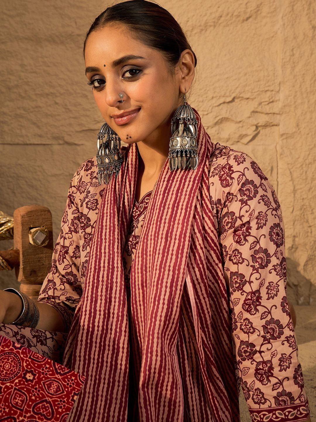 Women Floral Printed Cotton Kurta with Trousers & Dupatta