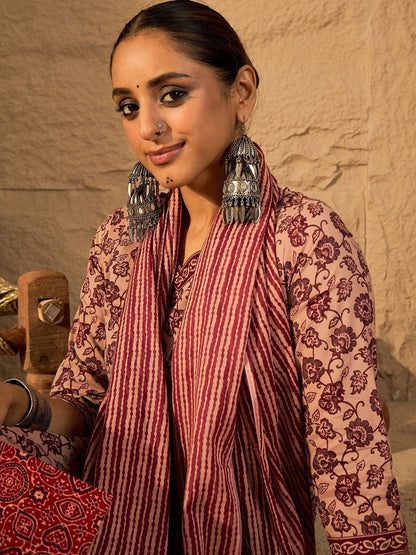 Women Floral Printed Cotton Kurta with Trousers & Dupatta