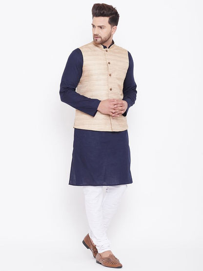 Men's Navy Blue Cotton Blend Straight Jacket  Kurta and Pyjama Set